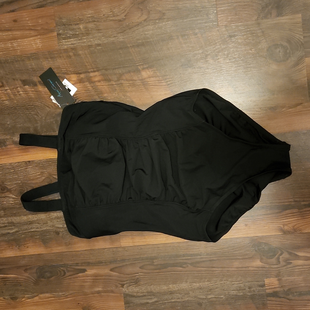 NWT Ladies black size M one piece bathing suit with Gold accent on straps.